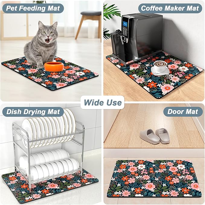 Rnivvi Coffee Mat, 12" x 19" Cute Coffee Bar Mats for Espresso Machine Station Accessories and Organizer, Hide Stain Rubber Backed Absorbent Dish Drying Pad for Kitchen Counter, Floral Cartoon