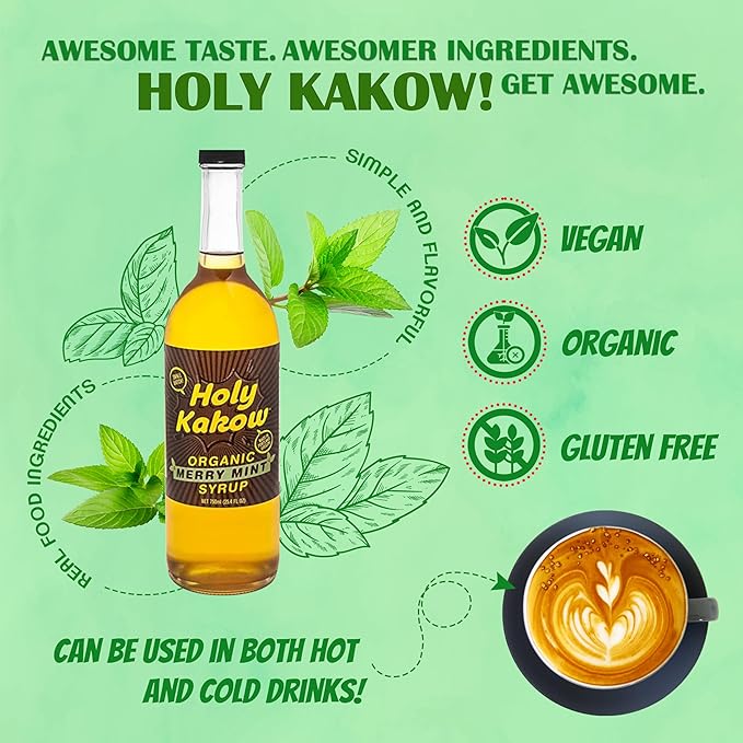 Holy Kakow Cafe Organic Mint Syrup - Mint Syrup, Coffee Syrup, Organic Syrup for Coffee, Mint Syrup for Coffee, Add to Latte, Cocktail and Shake, Real Food Ingredients, Specific Flavor - 750ml
