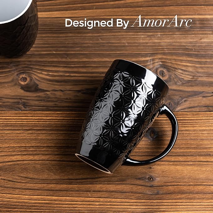 AmorArc Large Coffee Mugs Set of 6, 16oz Ceramic Tall Coffee Mugs Set with Textured Geometric Patterns for Coffee/Tea/Beer/Hot Cocoa, Dishwasher & Microwave Safe, Black