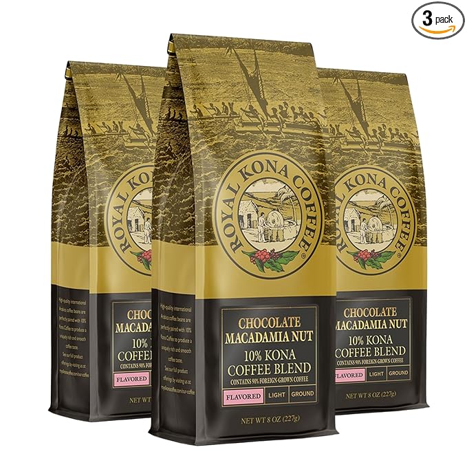 Royal Kona 10% Kona Coffee Blend, Chocolate Macadamia Flavor - Ground, 8 Ounce Bag (Pack of Three)