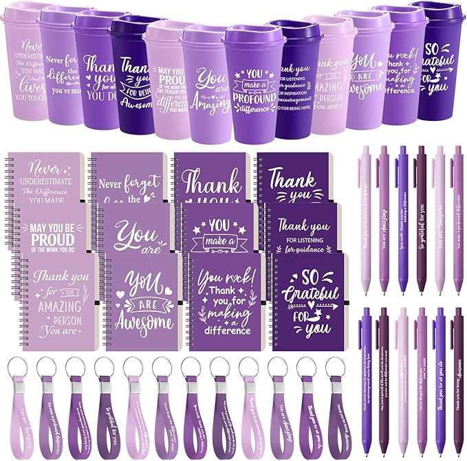 Skylety 12 Set/48 Pcs Employee Appreciation Gifts Bulk Christmas Thank You Gift Set 16 oz Coffee Cups Mini Spiral Notebooks Pens Keychains for Staff Team Teacher Coworker (Purple Gradient)