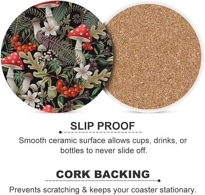Round-6PCS Botanical Drink Coasters, Round Modern Ceramic Absorbent Coasters, Wild Floral Botanical Mushroom Nature Plants Herbs Decor Desk Coffee Table Coaster for Beverage Cup Tea Coasters