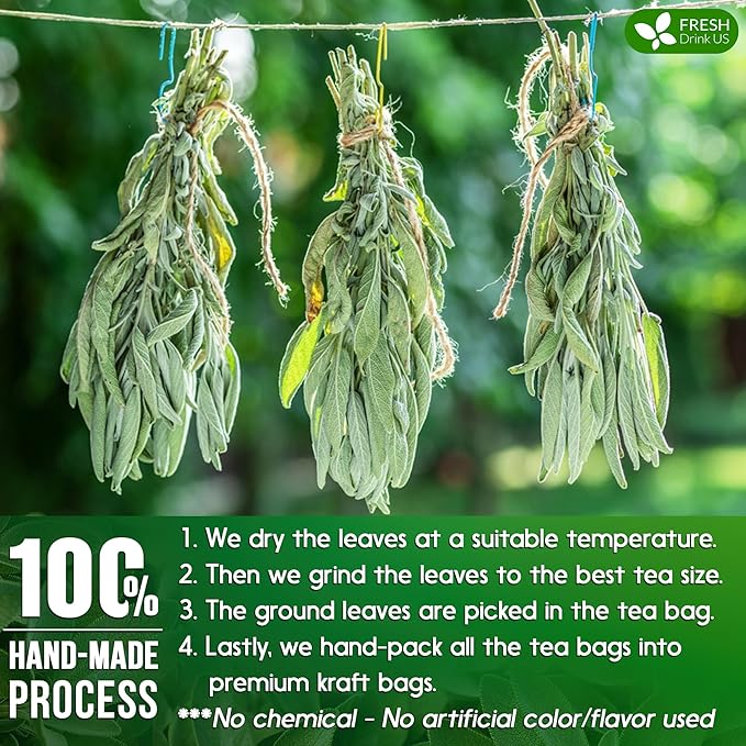 FreshDrinkUS, Premium 75 Sage Leaf Tea Bags, 100% Natural & Pure from Sage Leaves. Loose Leaf Herbal Tea. Made with Natural Material Tea Bags. No Sugar, No Caffeine, No Gluten, Vegan.