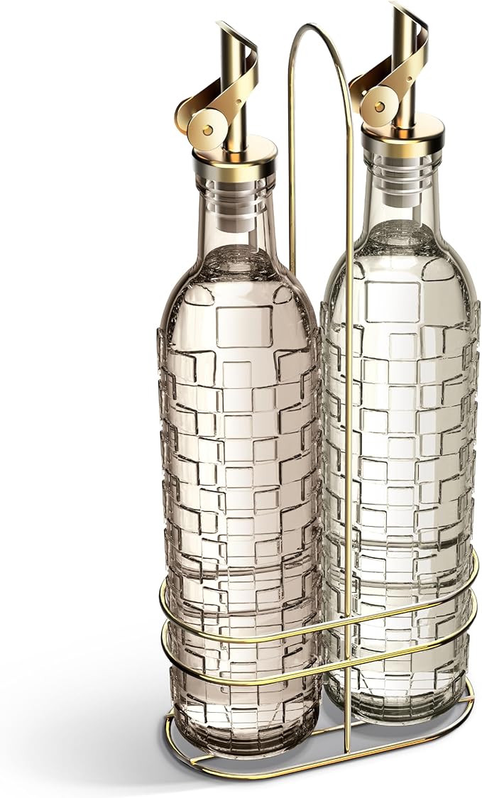 COOK WITH COLOR Glass Olive Oil Bottle Dispenser - 2 Pack- 17oz Oil and Vinegar Cruet - Olive Oil Carafe Decanter for Kitchen, Checkered, Brown