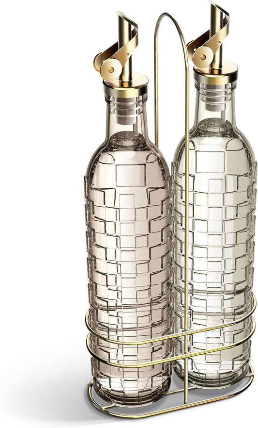 COOK WITH COLOR Glass Olive Oil Bottle Dispenser - 2 Pack- 17oz Oil and Vinegar Cruet - Olive Oil Carafe Decanter for Kitchen, Checkered, Brown