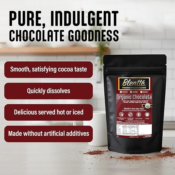 Blentte - Organic Chocolate Mix – Vegan Cocoa Powder for Coffee, Latte, Smoothies & Shakes – Dairy-Free, Gluten-Free, Non-GMO Blend with Cane Sugar & Rich Dutch Cacao – Resealable Pouch – 10 oz