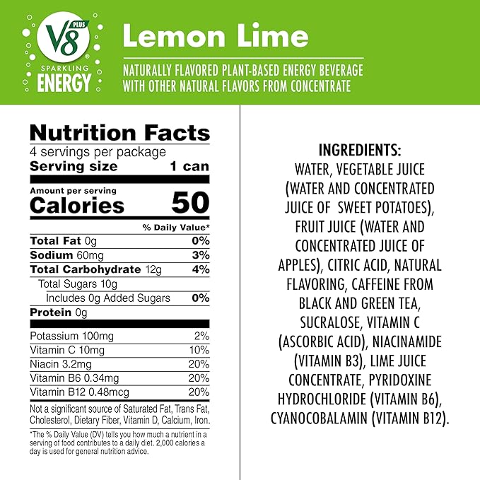 V8 +ENERGY Lemon Lime Energy Drink, Made with Real Vegetable and Fruit Juices, 11.5 FL OZ Can (6 Packs of 4)