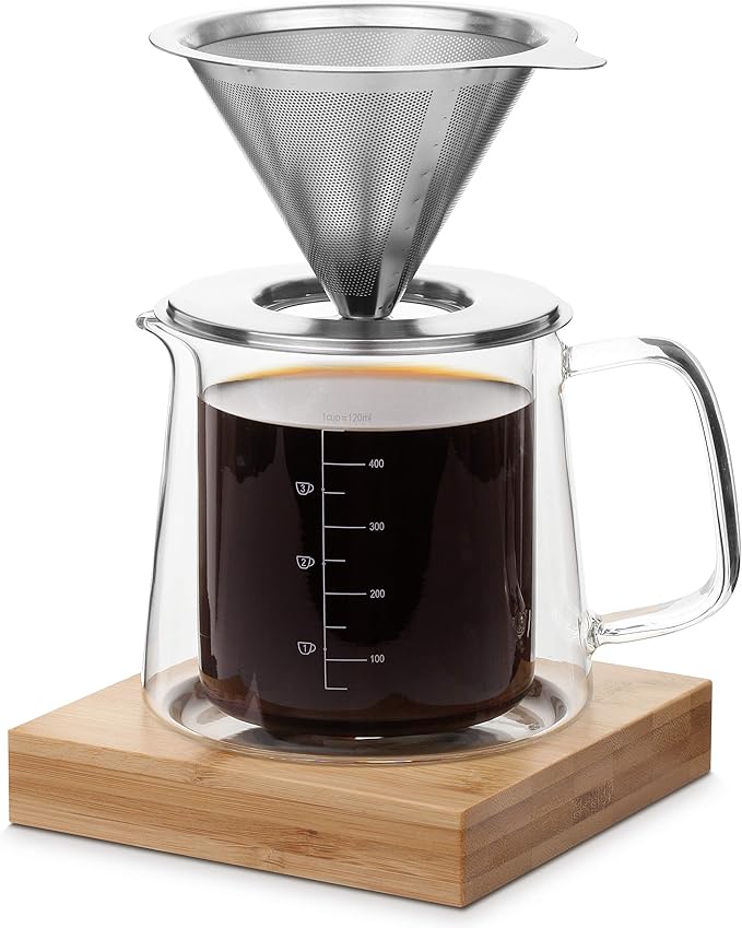 Brew To A Tea BTaT- Pour Over Coffee Maker Set, Double Wall Glass, 16 oz, Drip Coffee Maker Pour Over, Permanent Filter