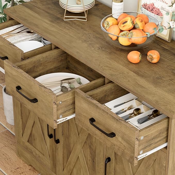 HOSTACK Modern Farmhouse Buffet Sideboard Cabinet, Barn Doors Storage Cabinet with Drawers and Shelves, Wood Coffee Bar Station for Dining Room, Kitchen, Living Room, Rustic Brown