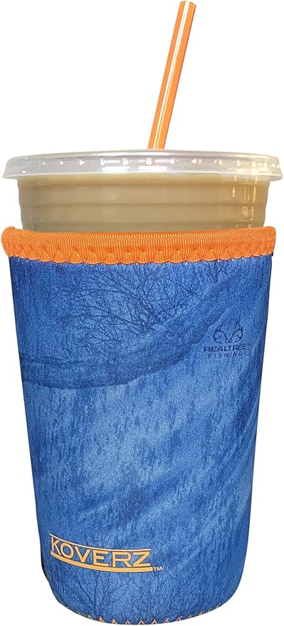 Koverz Iced Coffee Sleeve, Insulated Neoprene Cup Sleeve, Fits a 24 oz. Coffee Cup, Washable and Reusable, Iced Coffee Accessories, Medium Realtree Fishing Blue w/Orange