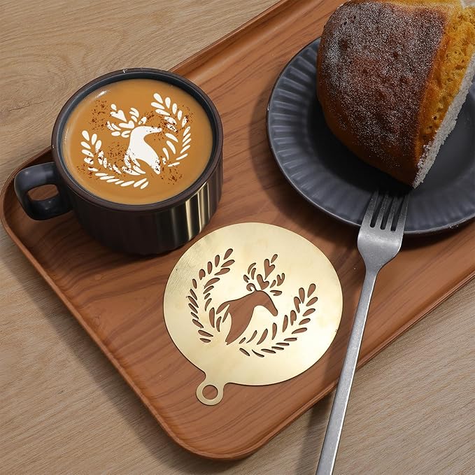 4 Pcs Coffee Stencils,Large Coffee Stencils Latte Art,Lattes Stencilss with Various Patterns for Cappuccino Chocolate Lattes Cake Decorating Coffees Shop and Home Use(Gold,4.53IN)