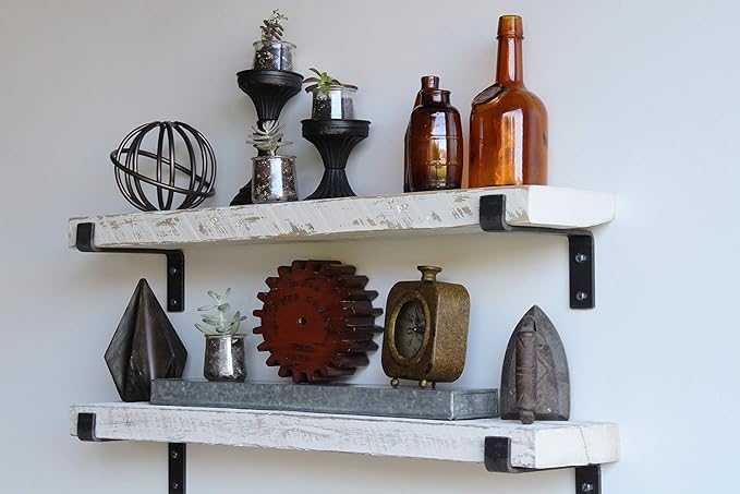Urban Legacy Accent Shelves | Reclaimed Barn Plank | Set of 2 with Full Brackets (White Wash 40" x 7" x 2")
