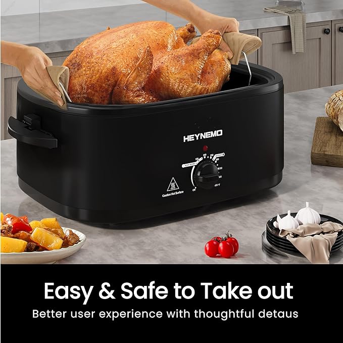 20 Quart Roaster Oven with Self-Basting Lid, Electric Turkey Roaster Oven with Defrost & Warm Function, Adjustable Temperature, Removable Pan & Rack, Stainless Steel, Black