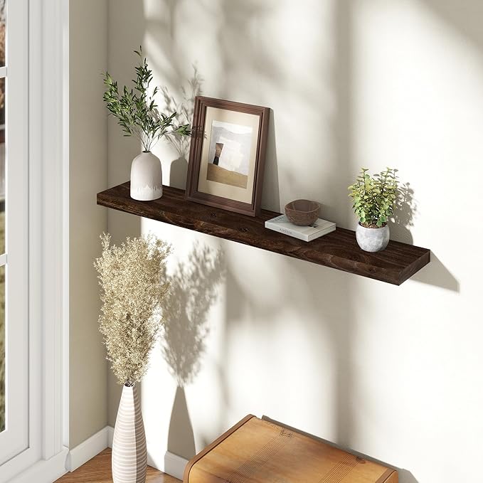 48 Inch Floating Shelves, Rustic Elm Wood Wall Shelves for Farmhouse, Bedroom, Kitchen, Wall-Mounted Long Floating Shelf Heavy-Duty Bracket, Solid Wood Shelf Set of 1 for Home Decor Display, Walnut