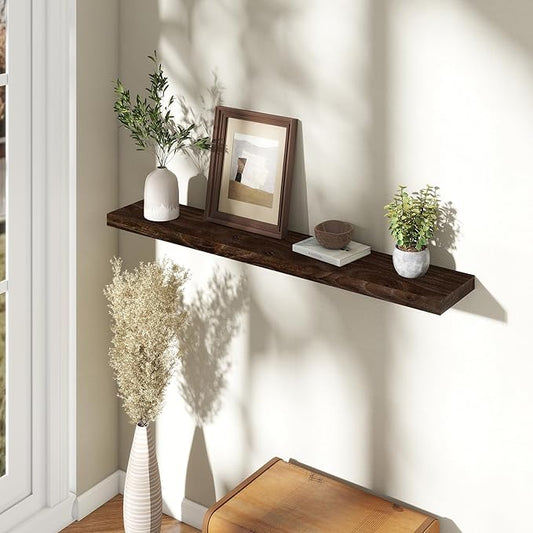 48 Inch Floating Shelves, Rustic Elm Wood Wall Shelves for Farmhouse, Bedroom, Kitchen, Wall-Mounted Long Floating Shelf Heavy-Duty Bracket, Solid Wood Shelf Set of 1 for Home Decor Display, Walnut