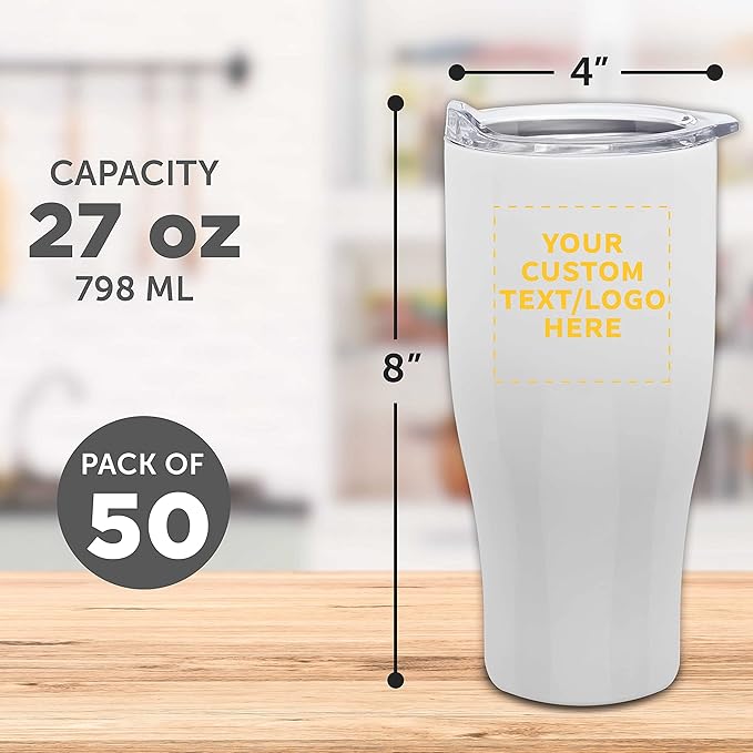 Custom Stainless Steel Grip Travel Mugs 27 oz. Set of 50, Personalized Bulk Pack - Perfect for Coffee, Soda, Other Hot & Cold Beverages - White