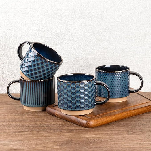 GBhome 15OZ Stackable Coffee Mugs, Ceramic Coffee Mugs with Texture Patterns for Man,Woman,Dad,Mom, Modern Coffee Mugs Set of 4 for Latte/Cappuccino/Cocoa. Dishwasher&Microwave Safe,