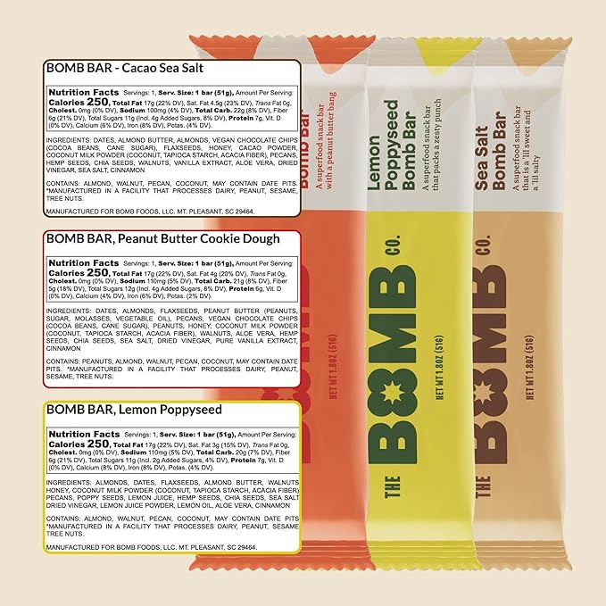 The Bomb Co. Bomb Bars Variety Pack, Healthy Snacks, Plant Based Bars With Superfood & Super Seeds, On the Go Snack & Breakfast Bar, Energy Support, Gluten Free, Non GMO, Dairy Free