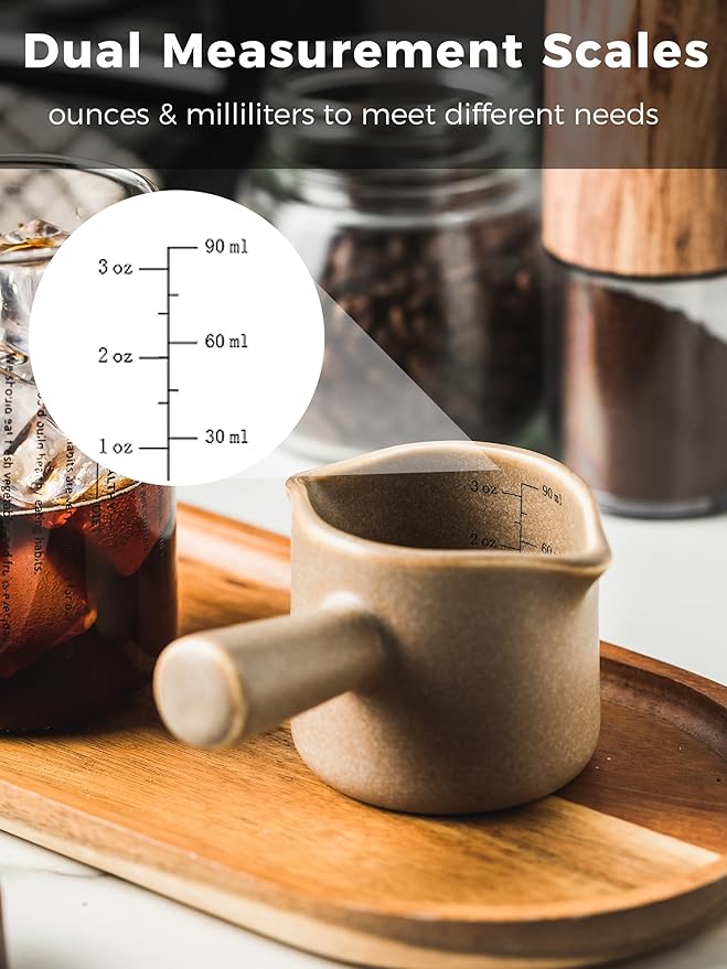 YHOJOY Espresso Measuring Cup, Ceramic Espresso Cup with Handle, Expresso Shots Cups Double Spouts Milk Cup, Espresso Accessories, 3 Oz/ 90 Ml, Brown