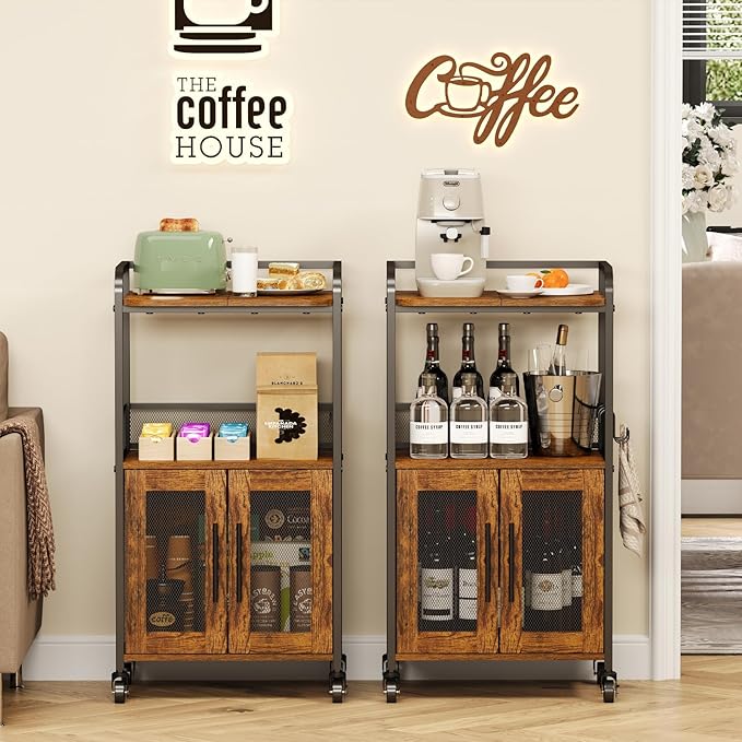 Small Coffee Bar Cabinet with Storage, 3-Tier Rolling Coffee Bar Table, Farmhouse Coffee Cart Station with 2 Doors for Living Room, Dining Room, Rustic Brown
