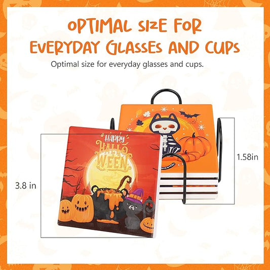 Halloween Coasters Absorbent Ceramic Coaster for Drinks with Black Holder and Cork Base Set of 4, Square Decorative Coffee Table Decor for House Warming Gifts New Home