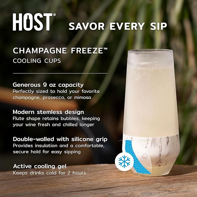 Host Champagne Freeze Stemless Chilling Wine Glasses, 9oz Set of 2, Freezer Cooling Cups, Insulated Flute Gifts for Women, For Mimosas, Prosecco and Bubbly, Marble