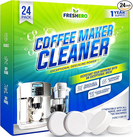 Coffee Maker Cleaner and descaler Tablets – 24 Pack, Compatible with Nespresso, Keurig, Breville, Ninja, Delonghi & more, Coffee pot cleaner tabs, Coffee Machine Descaling solution for upto 1 year