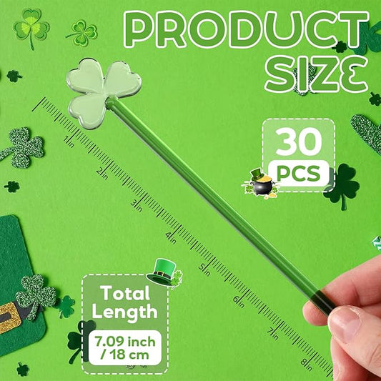 12 Pcs St. Patrick's Day Glass Drink Stirrers 7 Inch Swizzle Sticks for Cocktails Coffee Reusable Green Shamrock Beverage Stir Sticks for Irish Festival Party Coffee Bar Kitchen Bar