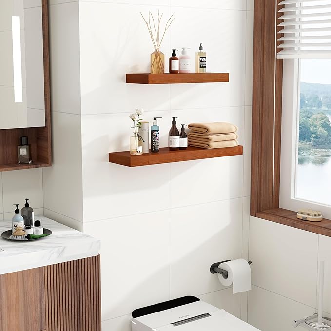 Marsmiles Wood Floating Shelves | 24 Inch Mahogany Wall Shelves Set of 2 | 24" W x 6.7" D Rustic Wooden Shelves for Bathroom Kitchen Living Room Bedroom