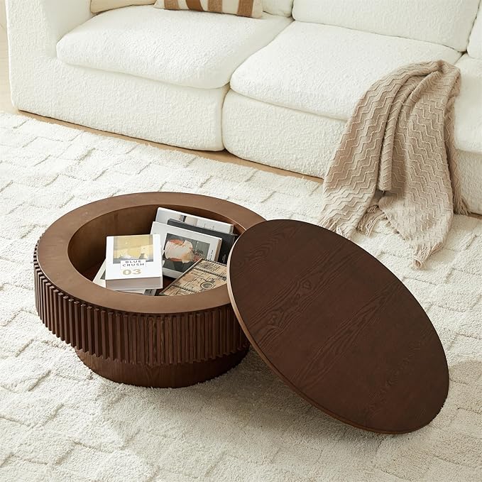 SZTHHDF Round Coffee Table for Living Room,Fluted Drum Accent Tea Center Table with Storage,Circle Modern Coffee Tables for Small Space Office Apartment (31.5" L×31.5''W×14''H-Walnut)