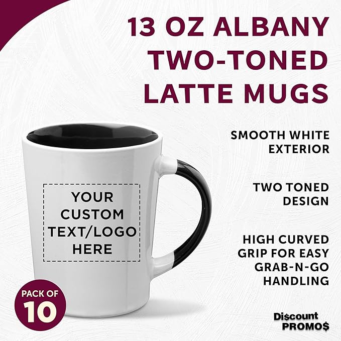 Custom Ceramic Latte Coffee Mugs by Albany 13 oz. Set of 10, Personalized Bulk Pack - Perfect for Coffee, Tea, Espresso, Hot Cocoa, Other Beverages - Black