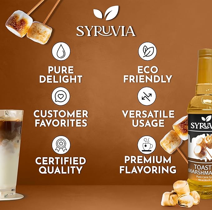 Syruvia Coffee Syrup, Toasted Marshmallow Flavored Syrup for Drinks, Lattes, and Desserts – 25.4 fl oz, With Pump