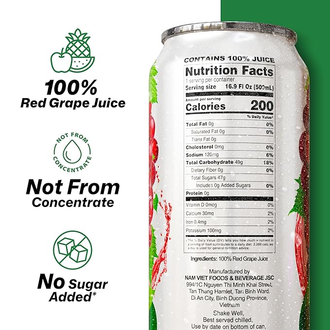 VINUT 100% Red Grape Juice, No Added Sugar, Not From Concentrate, 16.9 fl oz (500 mL) Can, Pack of 12