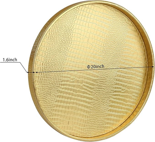 HofferRuffer Round Serving Tray 20'', Elegant Faux Leather Circle Ottoman Table Tray, Serve Tea Coffee Breakfast in Bedroom Living Room Kitchen (Gold, 20")