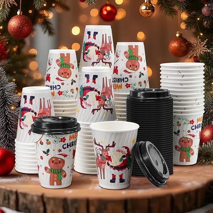 Clawsoff Christmas 100 Pack Coffee Cups with Lids 12oz, Disposable Insulated Ripple Wall To Go Paper Coffee Cups for Hot/Cold Drinks Office Home Shop Event