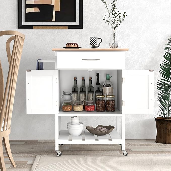Giantex Rolling Kitchen Island Cart, Mobile Serving Cart with Drawer, 2-Door Storage Cabinet, Storage Shelf, Towel Rack, Food Prep Utility Cart on Wheels for Dining Room, Living Room (White)