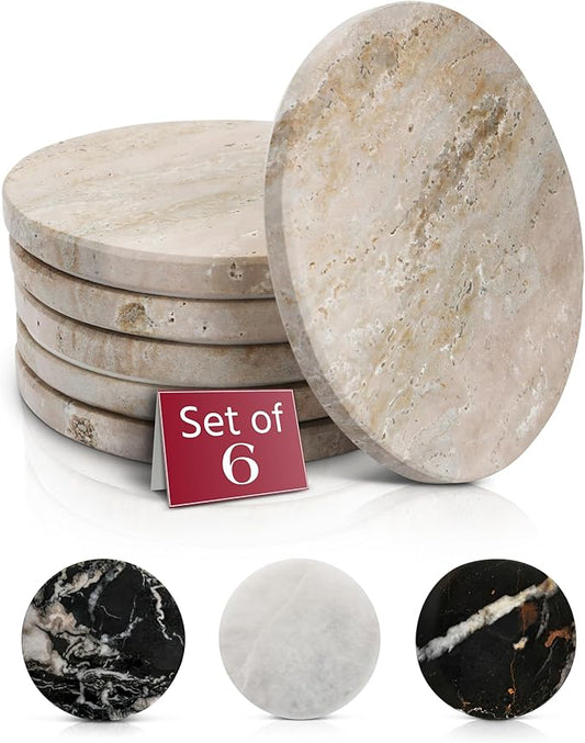 Gusto Nostro Beige Travertine Coasters - Absorbent Stone Coasters Set of 6 - High-end, Natural Stone Coaster for Drinks - Anti-slip Round Artisanal Travertine Coaster for Kitchen Counter, Coffee Table