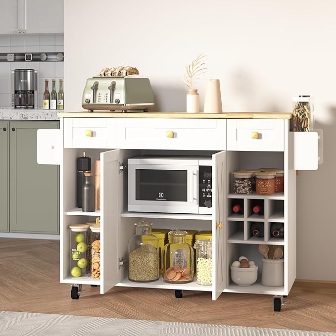 Kitchen Island with Storage, Rolling Kitchen Islands Cart with Solid Wood Countertop, Mobile Drop Leaf Kitchen Prep Table on Wheels with Wine Rack and Drawers