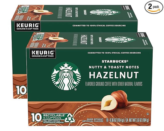 Starbucks Flavored Coffee K-Cup Pods, Hazelnut Flavored Coffee, Made without Artificial Flavors, Keurig Genuine K-Cup Pods, 10 CT K-Cups/Box (Pack of 2 Boxes)