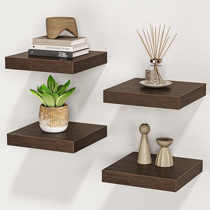 Square Floating Shelves for Wall, 7.5" W x 7.5" D x 1.4" H, Small Wooden Wall Mounted Display Shelf with Invisible Brackets for Living Room, Bathroom, Kitchen Decor, Set of 4, Walnut