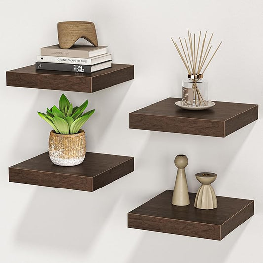 Square Floating Shelves for Wall, 7.5" W x 7.5" D x 1.4" H, Small Wooden Wall Mounted Display Shelf with Invisible Brackets for Living Room, Bathroom, Kitchen Decor, Set of 4, Walnut