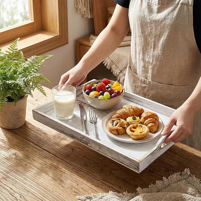 DEAYOU 2 Pack Wood Serving Tray, 16.5" Ottoman Wooden Trays for Coffee Table, Farmhouse Vintage Decorative Tray Platter with Cutout Handle for Eating, Breakfast, Rectangle, 16.5" L x 11" W