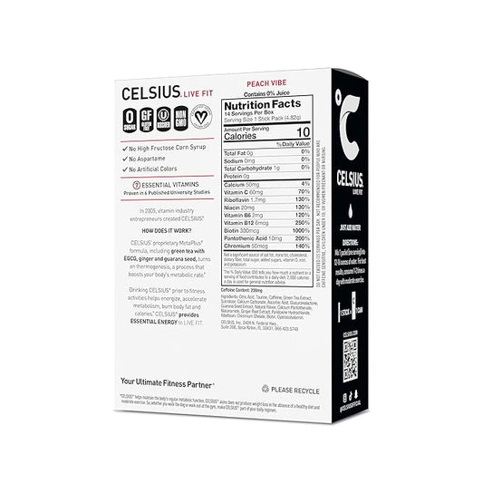 CELSIUS On The Go PEACH VIBE, Sugar Free Energy Drink Mix (14 Sticks per Pack)