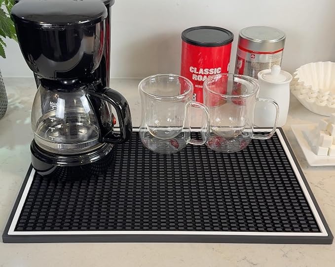 Bar Mats for Countertop with White Frame, Premium Silicone Coffee Mat 18x12 in, Heavy Duty Espresso Machine Mat Protector Pad and Coffee Matt for Counter, Bar Accessory for Modern Kitchens