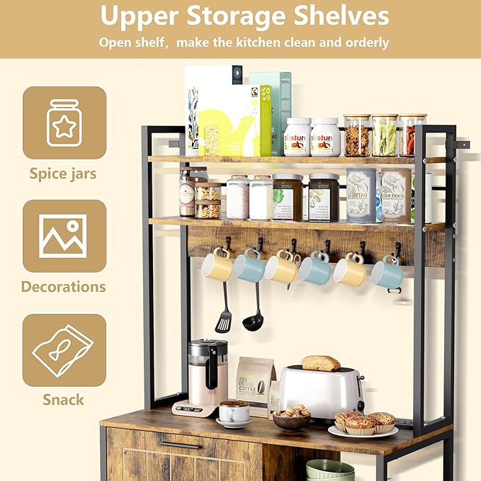Kitchen Bakers Rack with Storage Shelf - 6-Tier Microwave Stand Oven Cabinet W/Tilting Trash Can Bin and Power Outlet, Farmhouse Thickened Coffee Bar Table Station W/6 Hooks&Adjustable feet