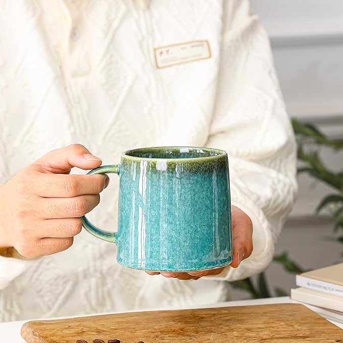 Mkour 20oz Large Ceramic Coffee Mugs, Handmade Cup, Big Tea Cups with Large Handle for Office and Home, Microwave and Dishwasher Safe (Crystal Green)