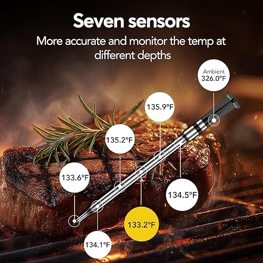 BBQOVN Smart WiFi Wireless Meat Thermometer Unlimited Range 7 NIST Cert.Sensors Accuracy ±0.5°F Sub-1G (10X Stronger than Bluetooth)APP&Digital Base,Monitor for BBQ, Grill,Oven, Smoker(1,Silver,Small)