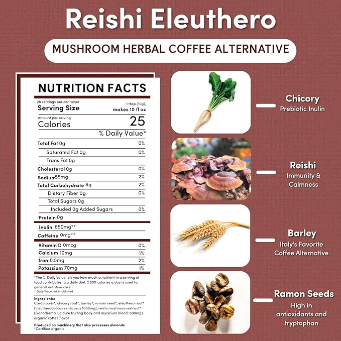 Teeccino Reishi Eleuthero Coffee Alternative - French Roast - Organic Adaptogenic Herbal Mushroom Coffee, Dark Roast, Caffeine Free, Prebiotic, Acid Free, All-Purpose Grind - 10 Oz (Pack of 6)