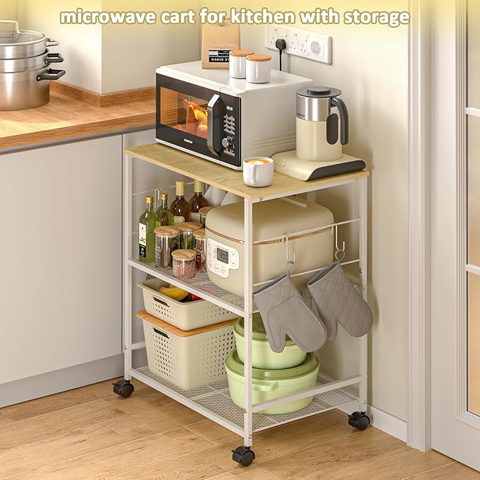 Rolling Kitchen Microwave Cart, 3 Tier Microwave Table Stand with Storage, Kitchen Utility Cart on Lockable Wheels, Small Coffee Station Shelf Rack Organizer for Living Room Office, Balcony