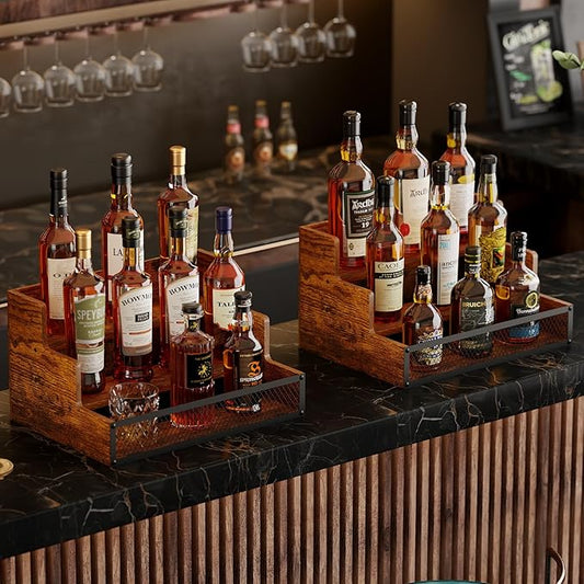 2 Pack 3 Step Countertop Liquor Bottle Display Shelf, Wood Bar Shelves 12 Bottles with Fences, Freestanding Storage Shelves for Liquor Whiskey Wine Coffee Syrup Display, Retro Wine Rack Home